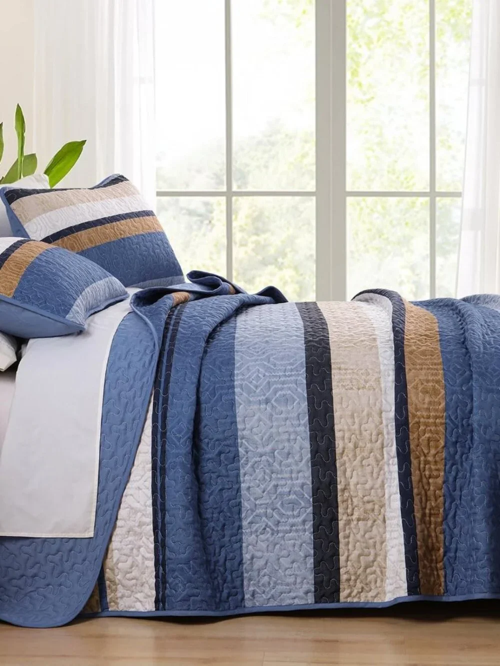 Boho Blue Striped All-Season 3-Piece Quilt Bedding Set